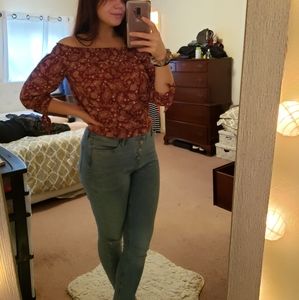 Off the shoulder peplum paisley print top